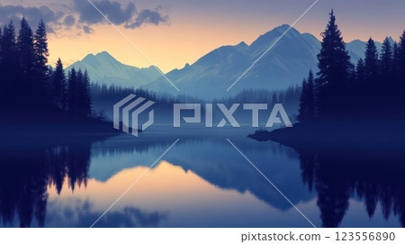 Serene sunset over a misty mountain lake, reflecting the colorful sky and silhouetted trees. 123556890