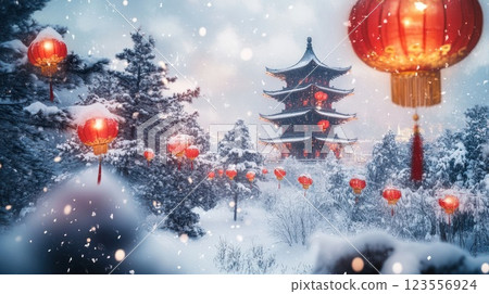 Snowy winter landscape with a pagoda and red lanterns. 123556924