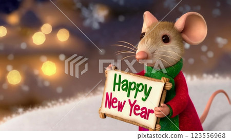 Mouse Wishing Happy New Year During Snowfall 123556968