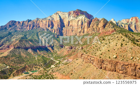 Aerial of Zion National Park Red Rock Cliffs and Desert Terrain Aerial of Zion National Park Red Rock Cliffs and Desert Terrain 123556975