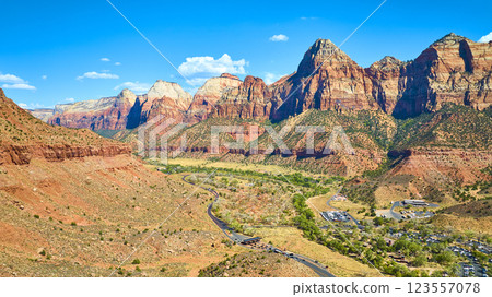 Aerial of Zion National Park Cliffs and Valley Road in Springdale, Utah Aerial of Zion National Park Cliffs and Valley Road in Springdale, Utah 123557078