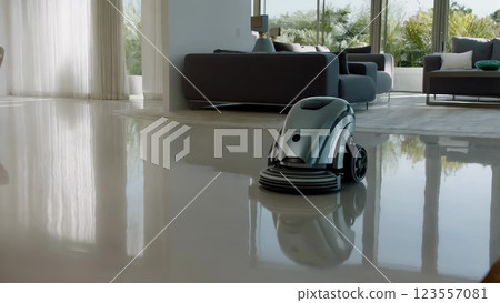 Modern Robot Cleaning Floor in Luxury Apartment 123557081
