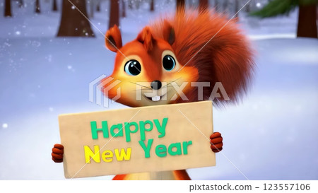 Cute Squirrel Wishing Happy New Year in Snowy Forest 123557106
