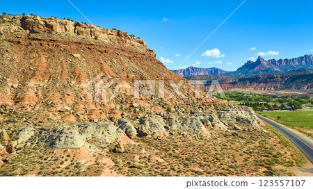 Aerial of Zion National Park Cliffs and Mountains in Springdale Utah 123557107