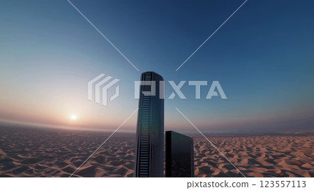 Futuristic skyscraper rising from desert landscape at sunrise 123557113