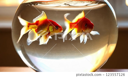 Goldfish swimming in a round fishbowl 123557126