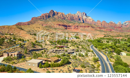 Aerial of Red Rock Formations and Homes in Zion National Park Aerial of Red Rock Formations and Homes in Zion National Park 123557144
