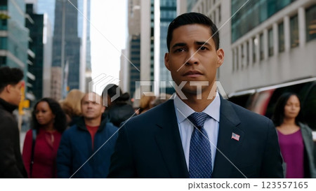 Confident politician standing in busy city street 123557165