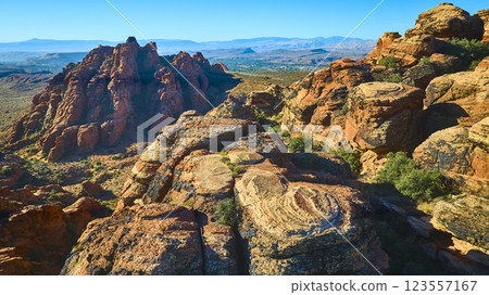 Aerial of Red Rock Formations in Snow Canyon State Park Utah 123557167