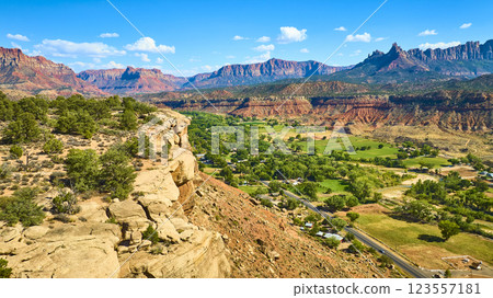 Aerial of Red Rock Formations and Lush Valley in Zion National Park 123557181