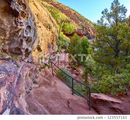 Zion National Park Canyon Trail with Metal Rail Panorama Perspective 123557183