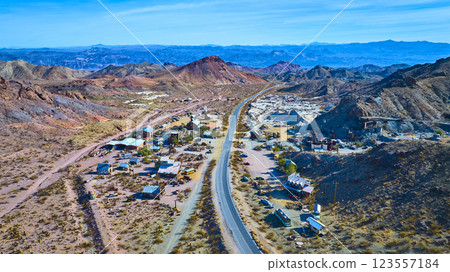 Aerial of Nelson Ghost Town Desert Roadway and Rugged Terrain 123557184