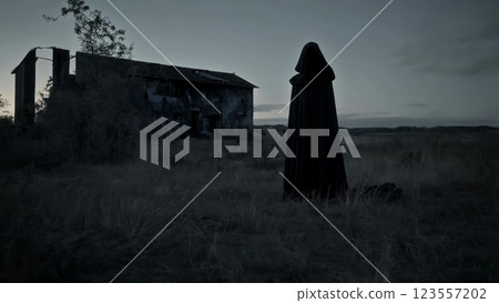 Hooded figure standing near abandoned house at dusk 123557202