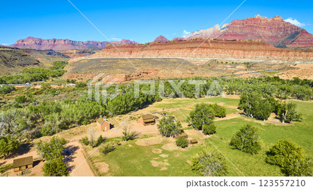 Aerial of Grafton Ghost Town with Red Rock Backdrop in Utah Aerial of Grafton Ghost Town with Red Rock Backdrop in Utah 123557210