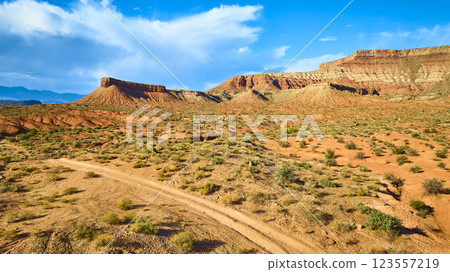 Aerial of Red Rock Formations and Desert Path in Gooseberry Mesa Utah Aerial of Red Rock Formations and Desert Path in Gooseberry Mesa Utah 123557219