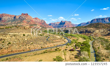 Aerial of Zion National Park Red Rock Formations and Scenic Road 123557245