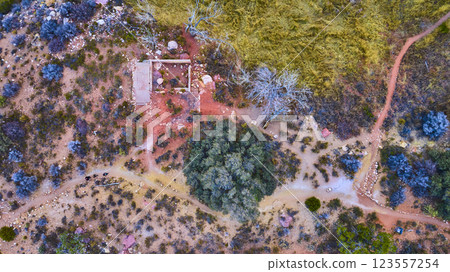 Aerial of Red Rock Canyon Ruins and Hiking Trail 123557254