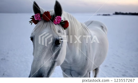White Horse Wearing Flower Crown in Snowy Landscape 123557267