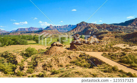 Aerial Red Rock Formations Southwest USA Desert Path Aerial Red Rock Formations Southwest USA Desert Path 123557325