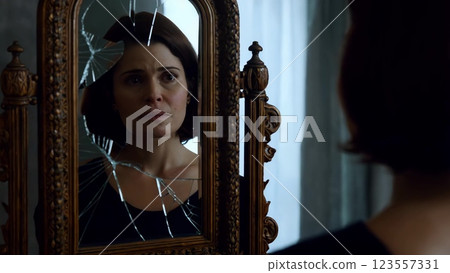 Woman Reflecting on Broken Mirror 123557331