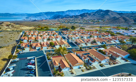 Aerial of Desert Neighborhood and Lake Mead in Boulder City 123557333