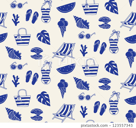 Summer, beach, sea and ocean blue and white seamless pattern. Hand drawn sea shells, surf board 123557343