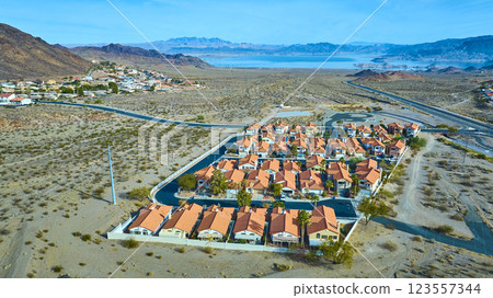 Aerial of Desert Community and Lake in Nevada 123557344