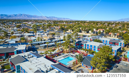 Aerial Suburban Oasis in Las Vegas with Modern Housing and Mountains Aerial Suburban Oasis in Las Vegas with Modern Housing and Mountains 123557350