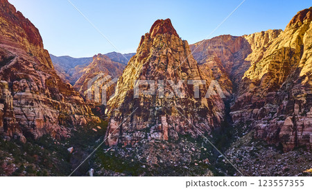 Aerial of Red Rock Canyon Peaks at Golden Hour 123557355