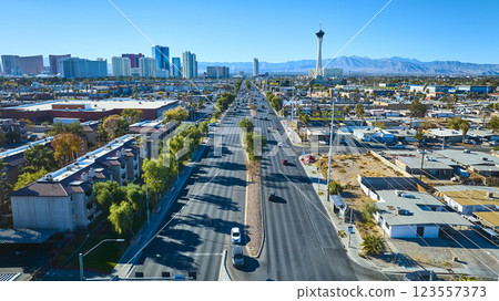 Aerial Las Vegas Skyline and Stratosphere Tower Midday View 123557373