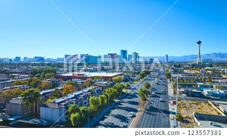 Aerial of Las Vegas Skyline with Stratosphere Tower and Mountains 123557381