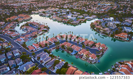 Aerial Suburban Waterfront Homes with Palm Trees in Las Vegas Serenity Aerial Suburban Waterfront Homes with Palm Trees in Las Vegas Serenity 123557383