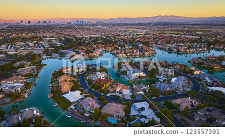 Aerial Sunset Over Las Vegas Luxury Waterfront Homes 123557391
