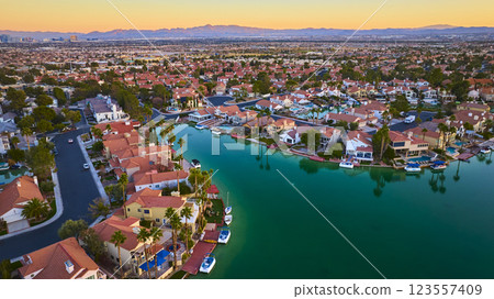 Aerial of Upscale Las Vegas Neighborhood at Sunset 123557409