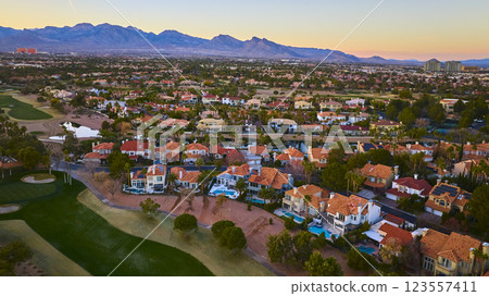 Aerial Las Vegas Suburban Sunset with Mountain Backdrop Aerial Las Vegas Suburban Sunset with Mountain Backdrop 123557411
