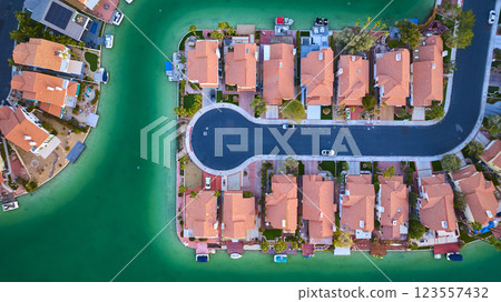 Aerial Top Down Suburban Homes with Turquoise Canal in Las Vegas Aerial Top Down Suburban Homes with Turquoise Canal in Las Vegas 123557432