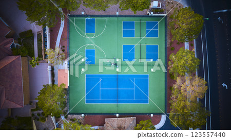 Aerial of Suburban Tennis and Basketball Courts in Las Vegas Aerial of Suburban Tennis and Basketball Courts in Las Vegas 123557440