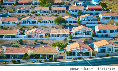 Aerial of Desert Suburban Homes with Terracotta Roofs in Nevada Aerial of Desert Suburban Homes with Terracotta Roofs in Nevada 123557446