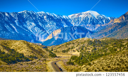 Aerial of Mt Charleston Road and Snow-Capped Peaks in Nevada Aerial of Mt Charleston Road and Snow-Capped Peaks in Nevada 123557456