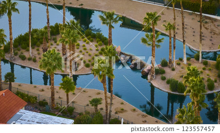 Aerial of Tropical Oasis with Palm Trees and Waterway in Nevada 123557457