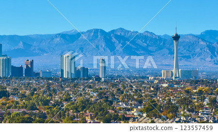 Aerial of Las Vegas Stratosphere Tower and Mountains in Daylight 123557459
