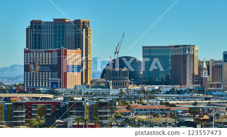 Aerial of Las Vegas Skyline with Construction and Mountains 123557473