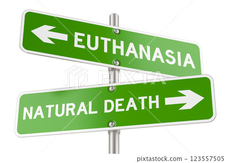 Euthanasia or Natural death. Opposite traffic sign, 3D rendering Euthanasia or Natural death. Opposite traffic sign, 3D rendering 123557505