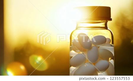 Transparent bottle containing pills at sunset Transparent bottle containing pills at sunset 123557553