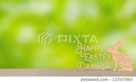 The Wood Text and rabbit for Easter Day concept 3d Rendering. 123557863