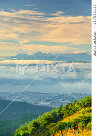 Lake Suwa, the Southern Alps, and the sea of clouds [taken from Takabocchi Plateau] 123558119
