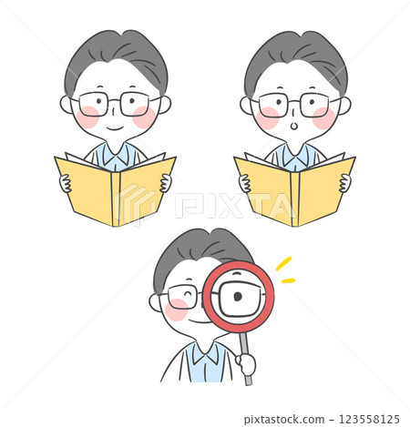 White Coat Character Reading a Book and Holding a Magnifier Set White Coat Character Reading a Book and Holding a Magnifier Set 123558125