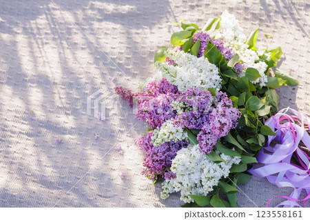 Beautiful lilac flowers in soft sunlight on a knitted fabric background, romantic spring floral composition, nature and seasonal freshness. 123558161