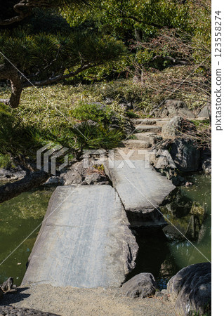 東京清澄庭園的石橋 東京清澄庭園的石橋 123558274