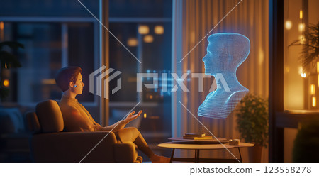 客廳中投射的 AI 全像圖 123558278